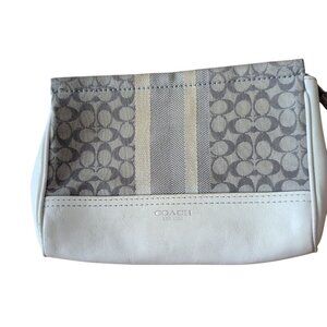 Coach Signature Stripe Gray/Cream Zip Top Wristlet Wallet with adjustable Handle
